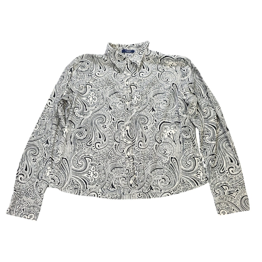 Chaps Paisley Button Down Shirt Women's Size XL Black White Collar‎ Button Cuffs